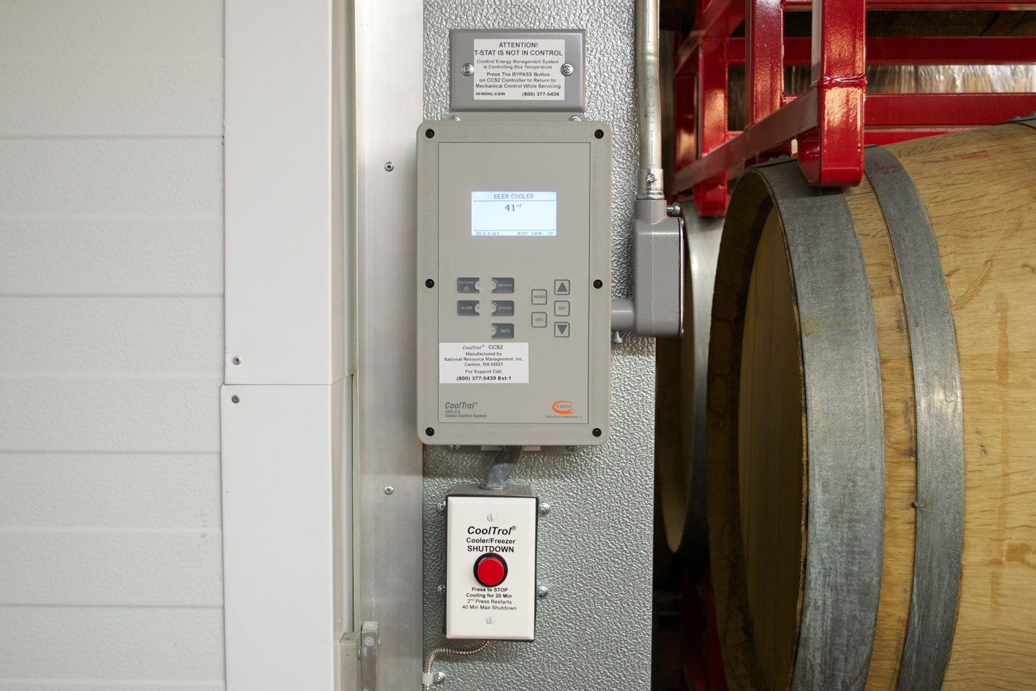 CoolTrol on wall with barrel remote refrigeration controls